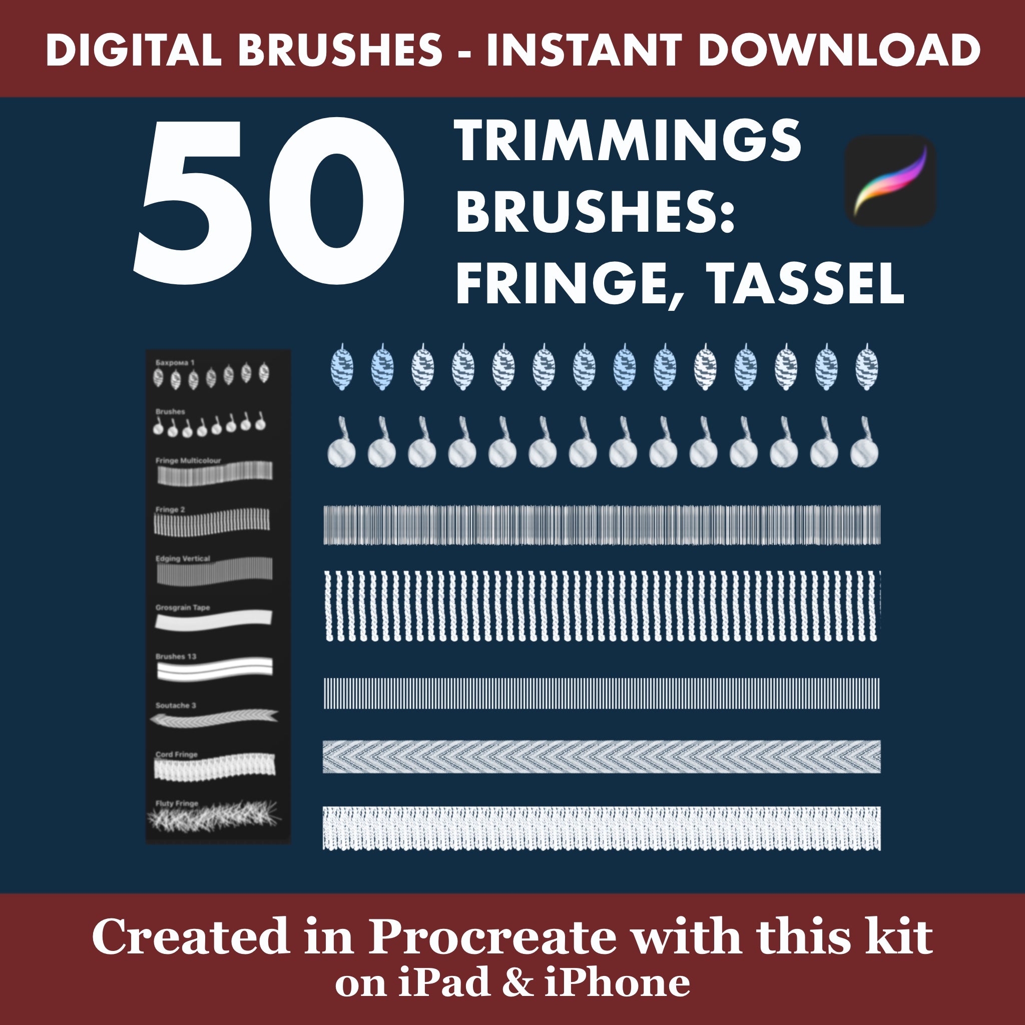 50 Procreate trim brushes: decorative fringe, tassels, and edging. Perfect for designing curtains, pillows, and textile interiors on your iPad.