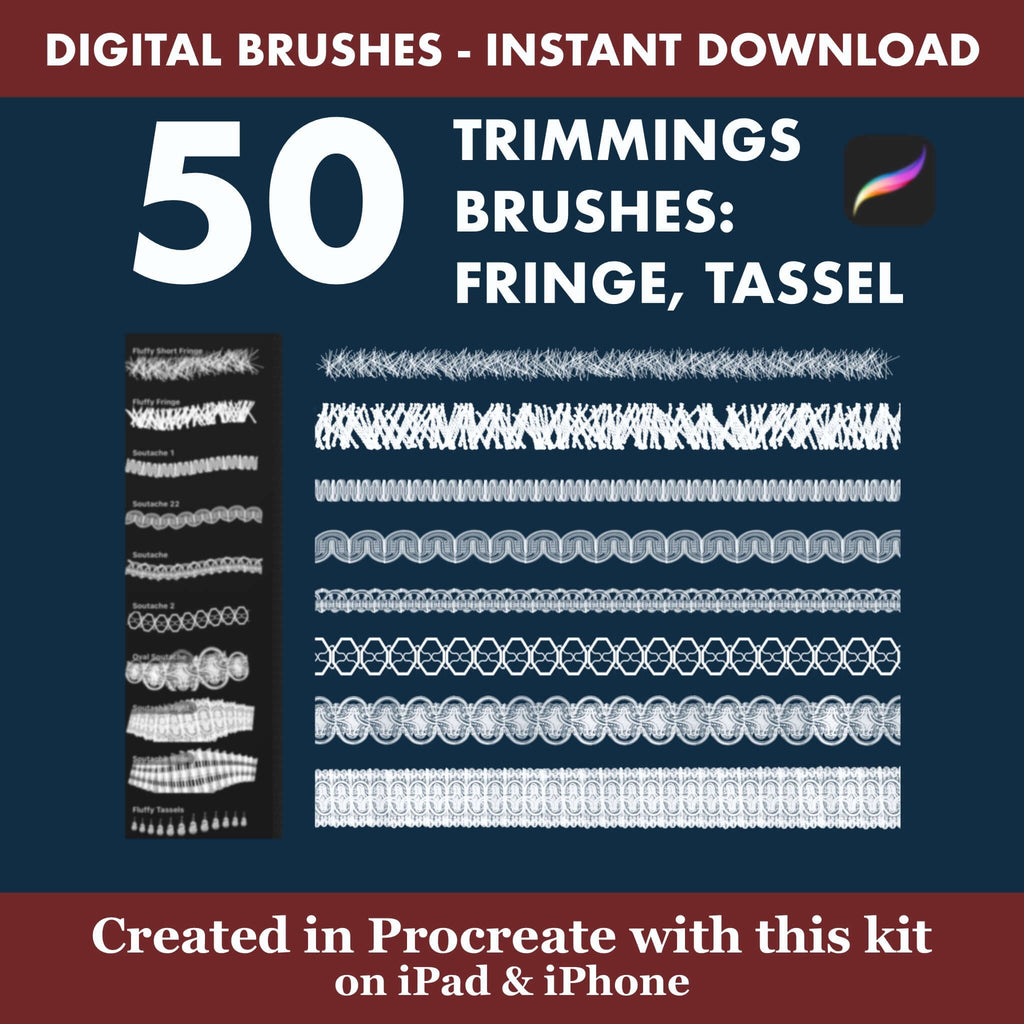 50 Procreate Trimmings Brushes | Fringe Tassel & Decorative Trim for Curtains - Procreate Brush Shop by Sviatlana Fedzianiova