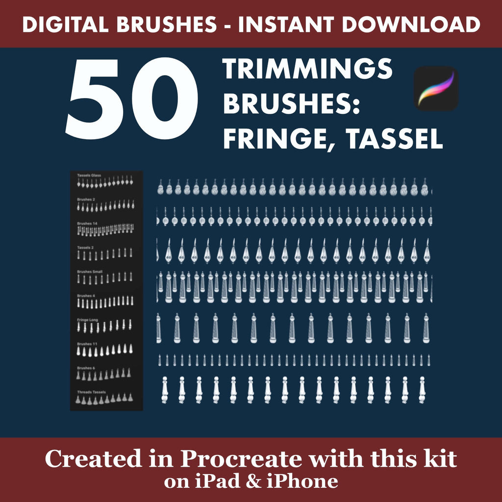50 Procreate Trimmings Brushes | Fringe Tassel & Decorative Trim for Curtains - Procreate Brush Shop by Sviatlana Fedzianiova