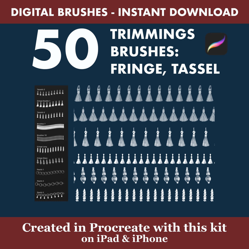 50 Procreate Trimmings Brushes | Fringe Tassel & Decorative Trim for Curtains - Procreate Brush Shop by Sviatlana Fedzianiova