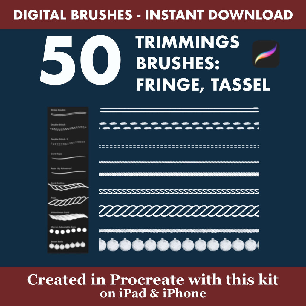 50 Procreate Trimmings Brushes | Fringe Tassel & Decorative Trim for Curtains - Procreate Brush Shop by Sviatlana Fedzianiova
