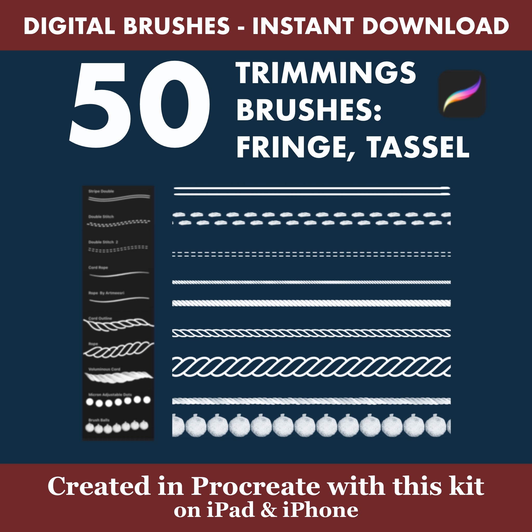 Elevate your textile and interior design projects with this comprehensive set of 50 high-quality Procreate Trimmings Brushes and Stamps