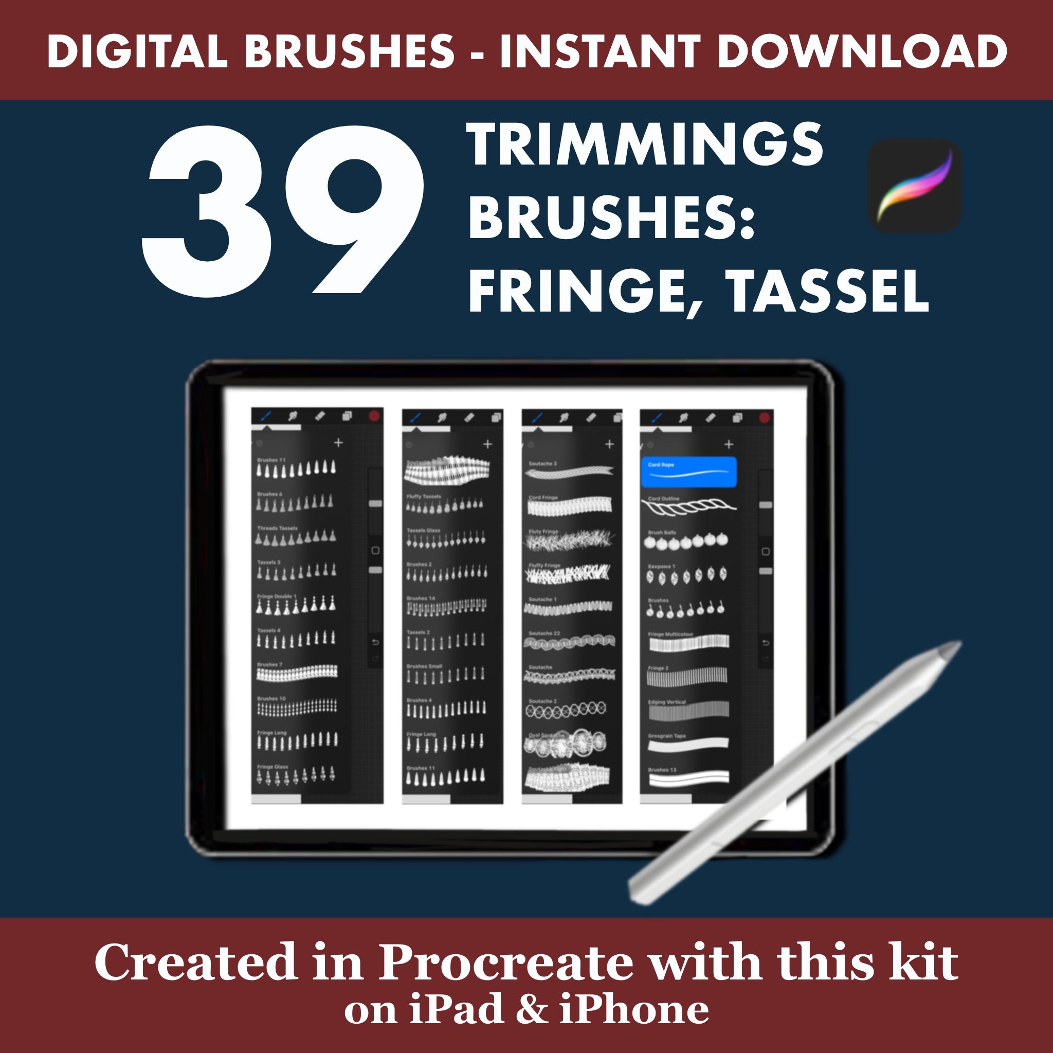 39 Procreate Trimmings Stamps | Decorative Fringe & Tassel Brushes for Interior Sketch
