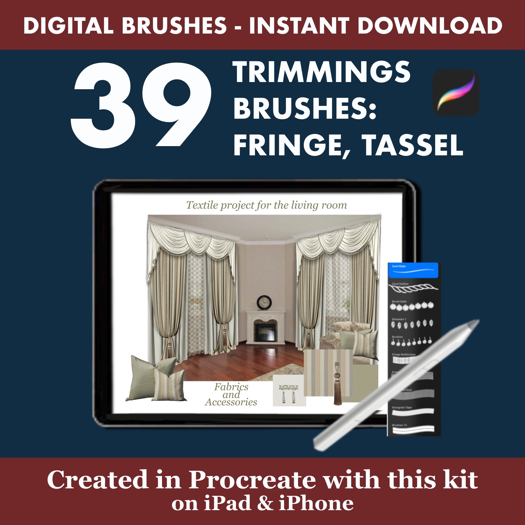 39 ProCreate textile stamps: fringe, decorative tassels, and edging. Perfect for adding accents to interior sketches and curtain designs on the iPad.