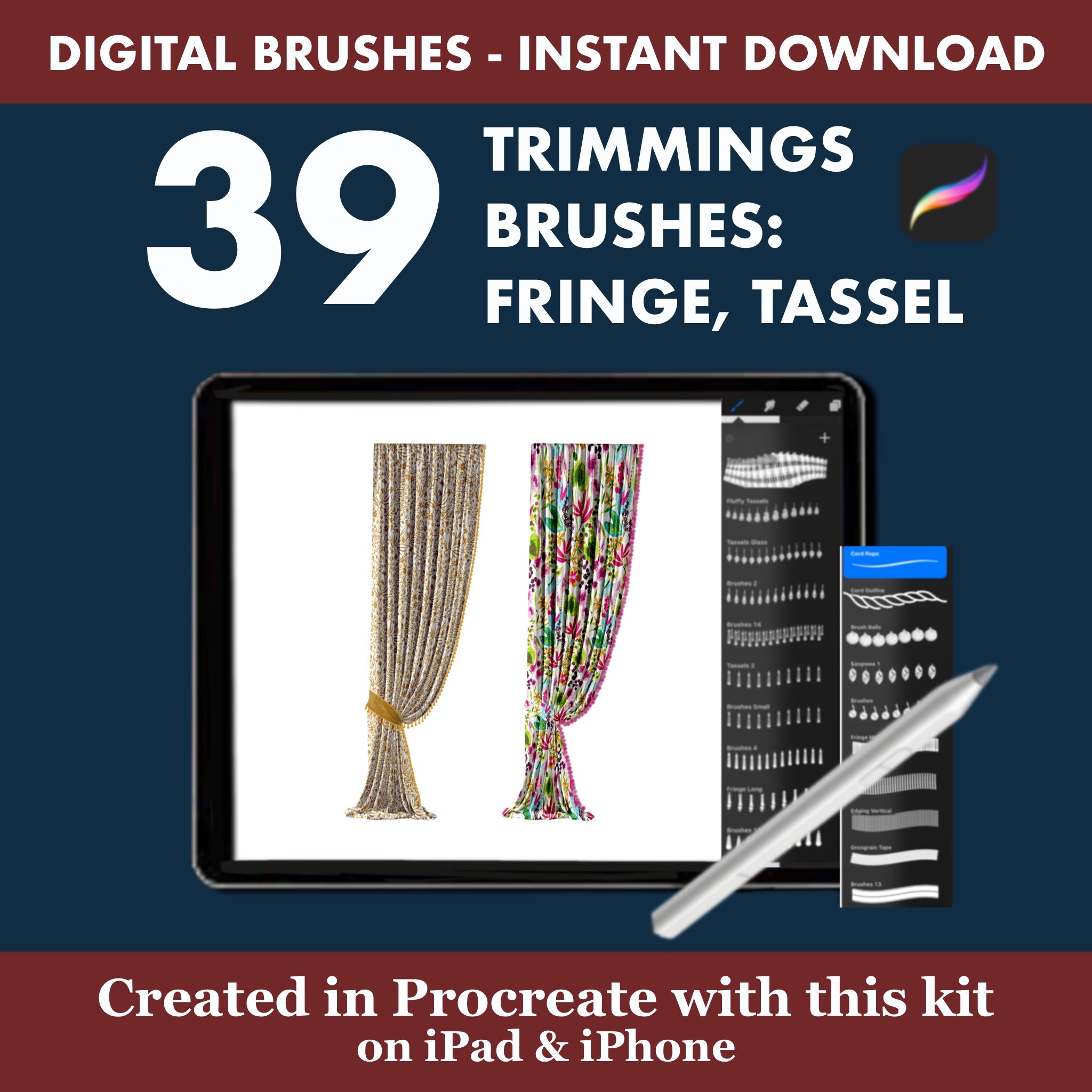 Designed for interior designers and textile artists, this collection provides essential decorative fringe, tassel, and edging brushes to quickly add sophisticated, realistic textile accents to your work on the iPad