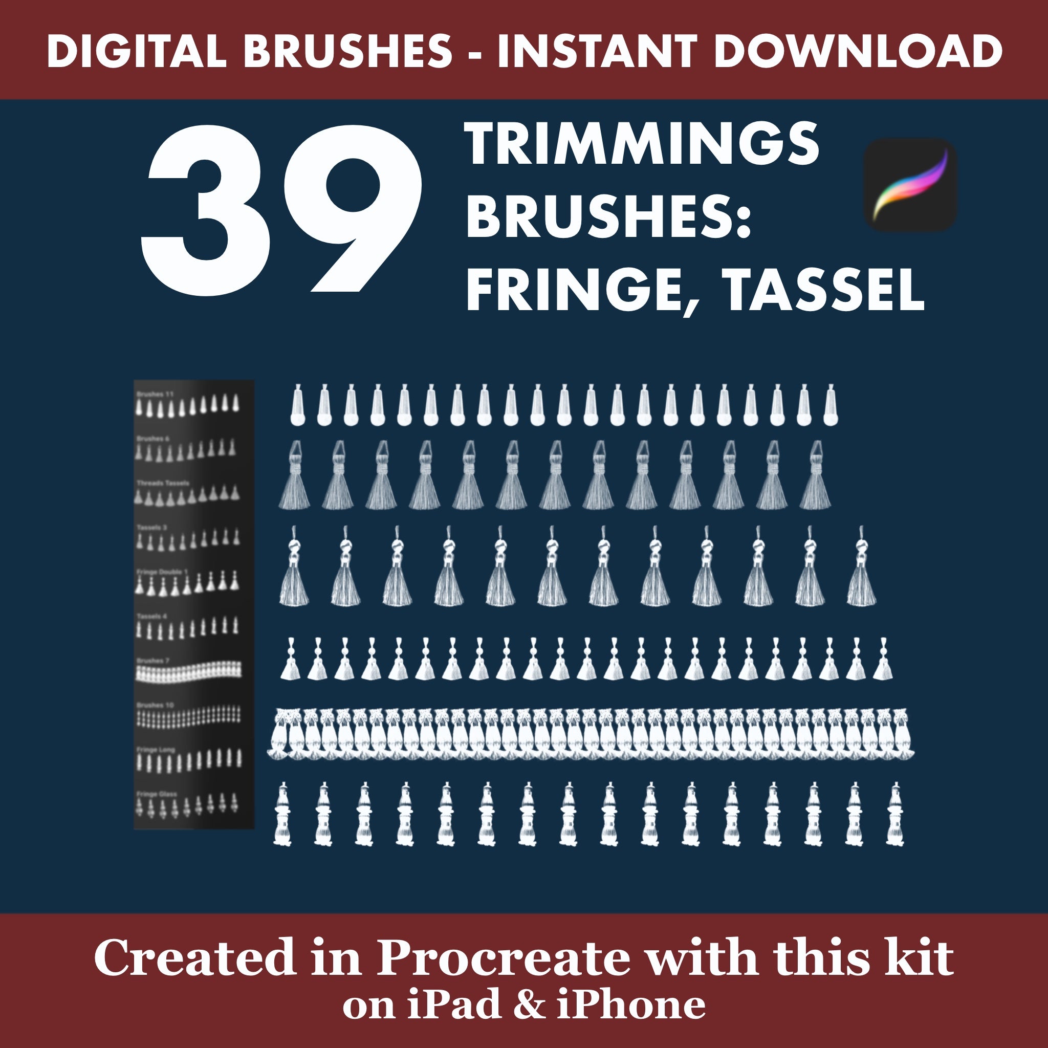 39 PROCREATE TRIMMINGS STAMPS: DECORATIVE TEXTILE ACCENTS