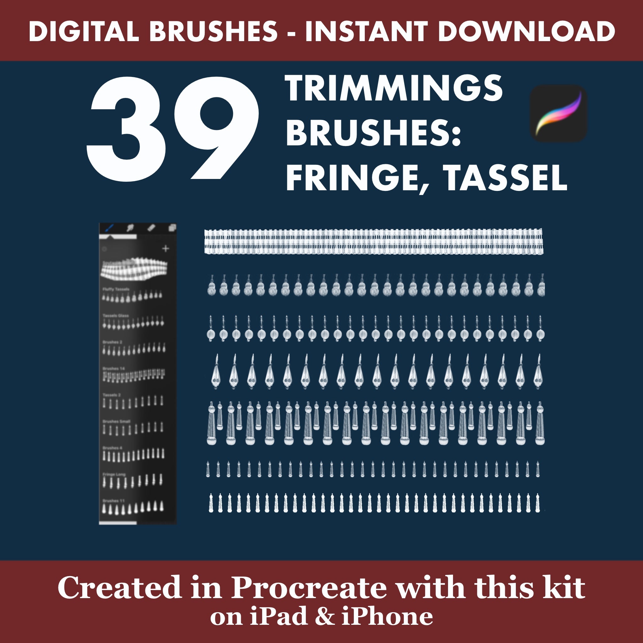 Instantly enhance your digital designs with this specialized set of 39 Procreate Trimmings Stamps