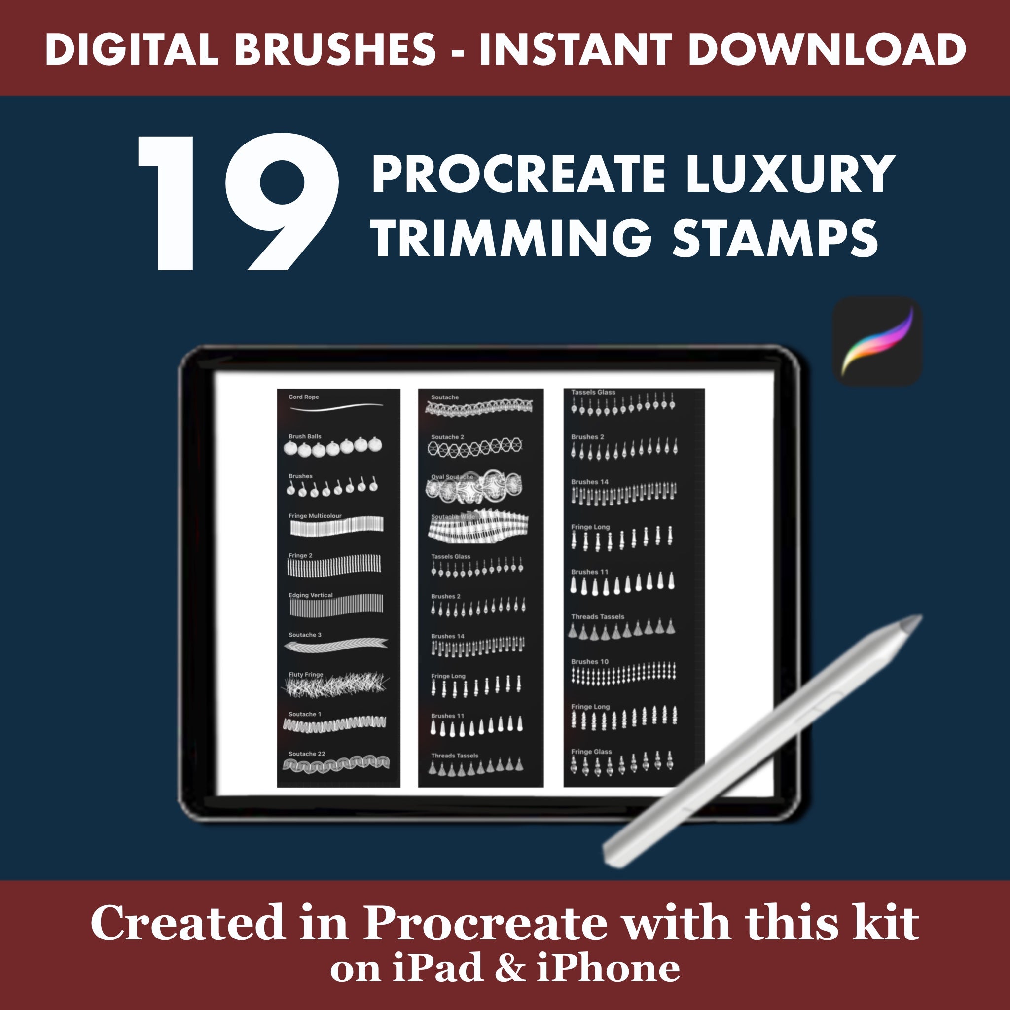 19 Procreate stamps for luxurious embellishments: decorative tassels, fringe, and piping. Add exquisite textile details to curtains and furniture