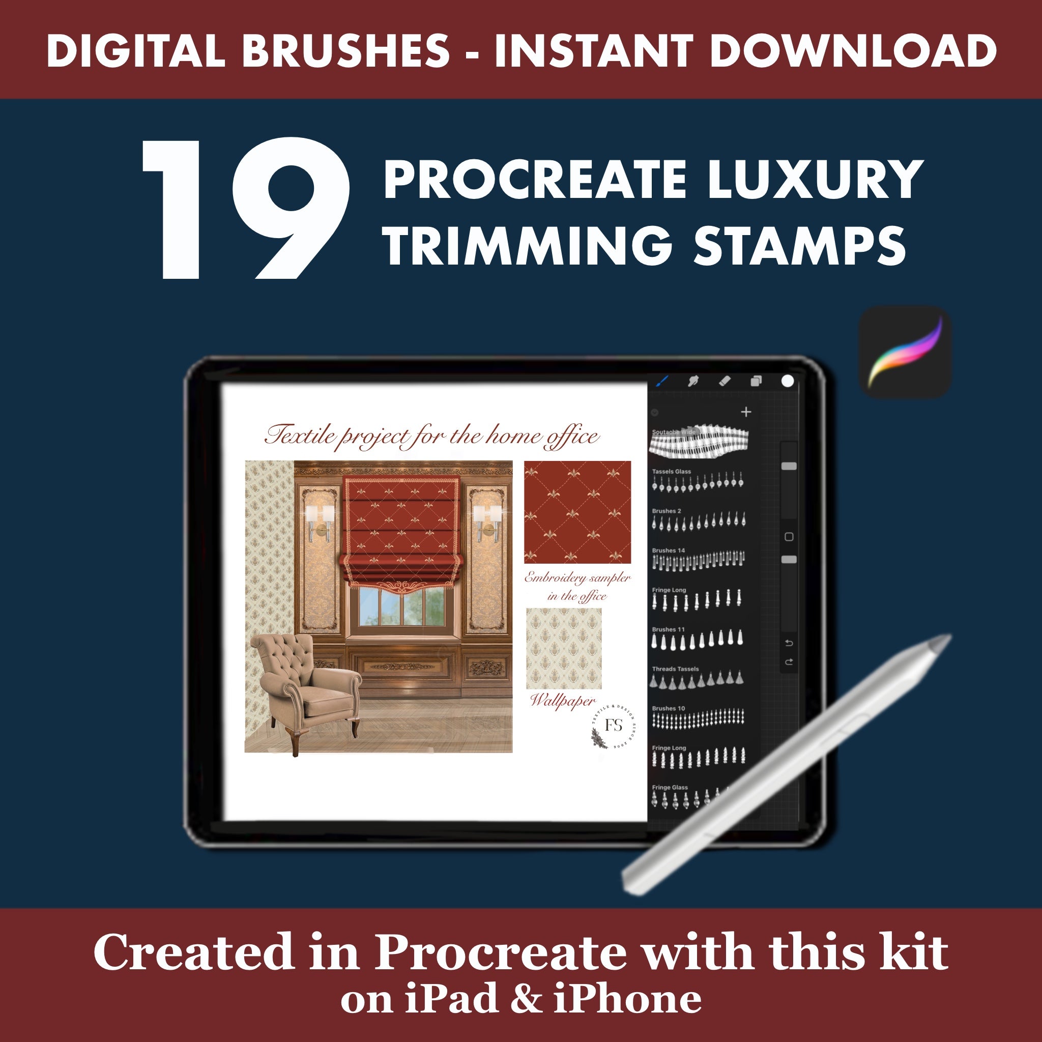 19 Procreate Luxury Trimming Stamps | Curtain, Tassel & Fabric Accent Brushes