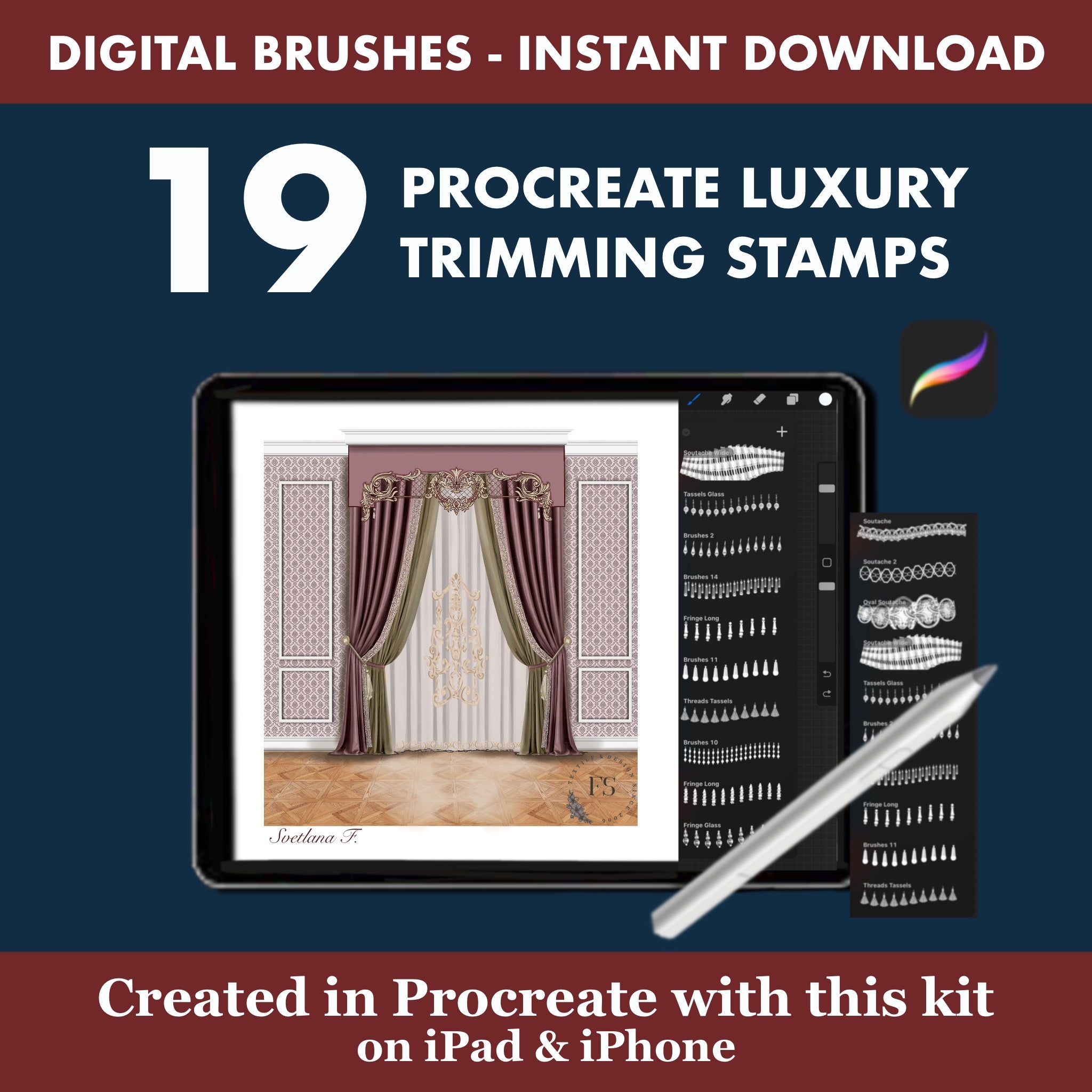 19 Luxury Trimming Stamps: A selective collection of high-detail tassels, refined fringe patterns, and elegant decorative border stamps