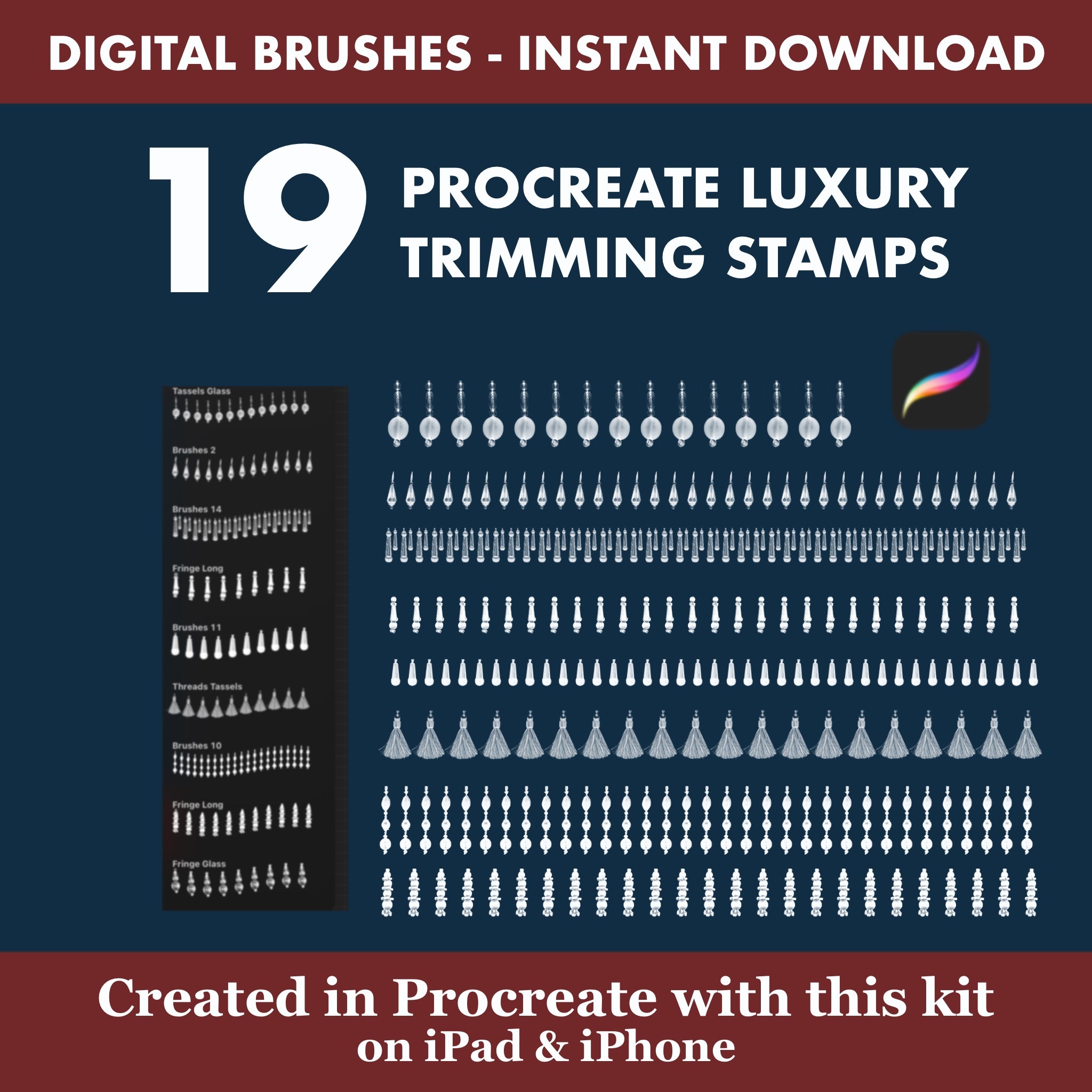 This curated collection of 19 Procreate Luxury Trimming Stamps is essential for interior designers and decorators who need to add quick, high-impact decorative accents to their client presentations