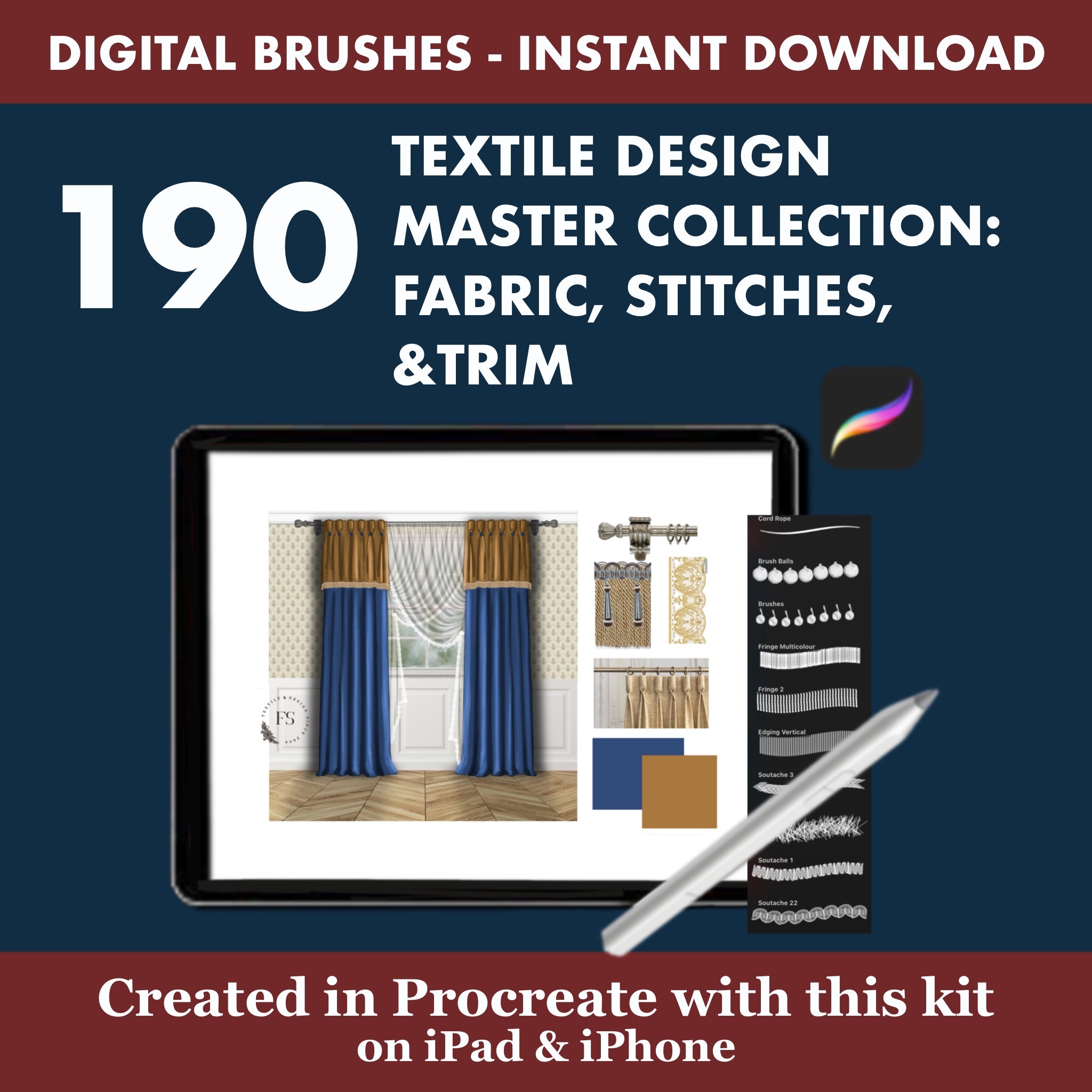 190 Procreate textile brushes: realistic fabric textures, quilting patterns, and decorative fringe. Perfect for interior design and fashion. The Ultimate Collection!