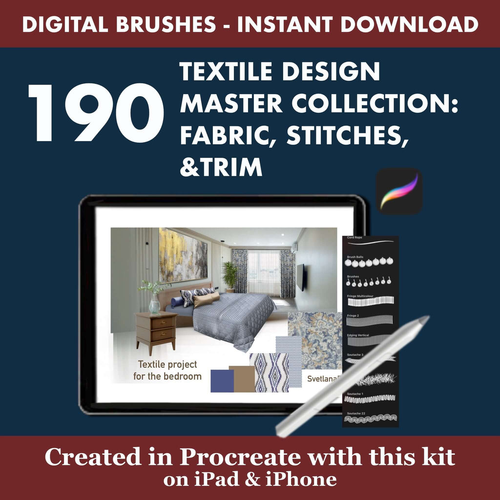 190 Procreate Textile Design | Quilting Stitches & Trimmings - Procreate Brush Shop by Sviatlana Fedzianiova