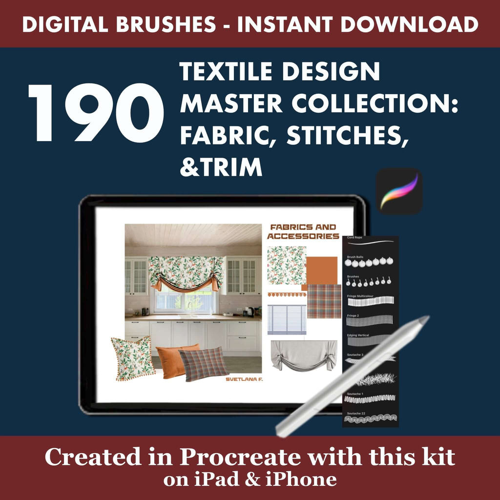 190 Procreate Textile Design | Quilting Stitches & Trimmings - Procreate Brush Shop by Sviatlana Fedzianiova