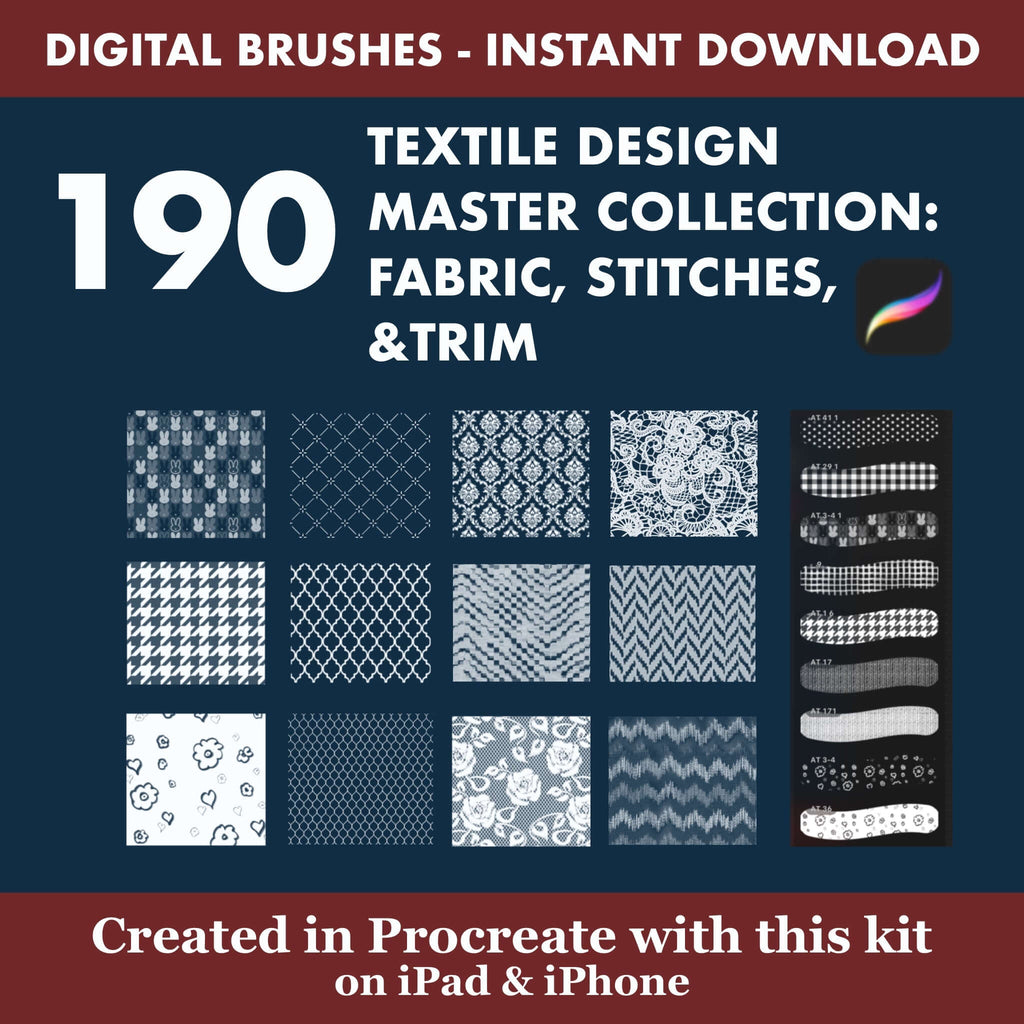190 Procreate Textile Design | Quilting Stitches & Trimmings - Procreate Brush Shop by Sviatlana Fedzianiova