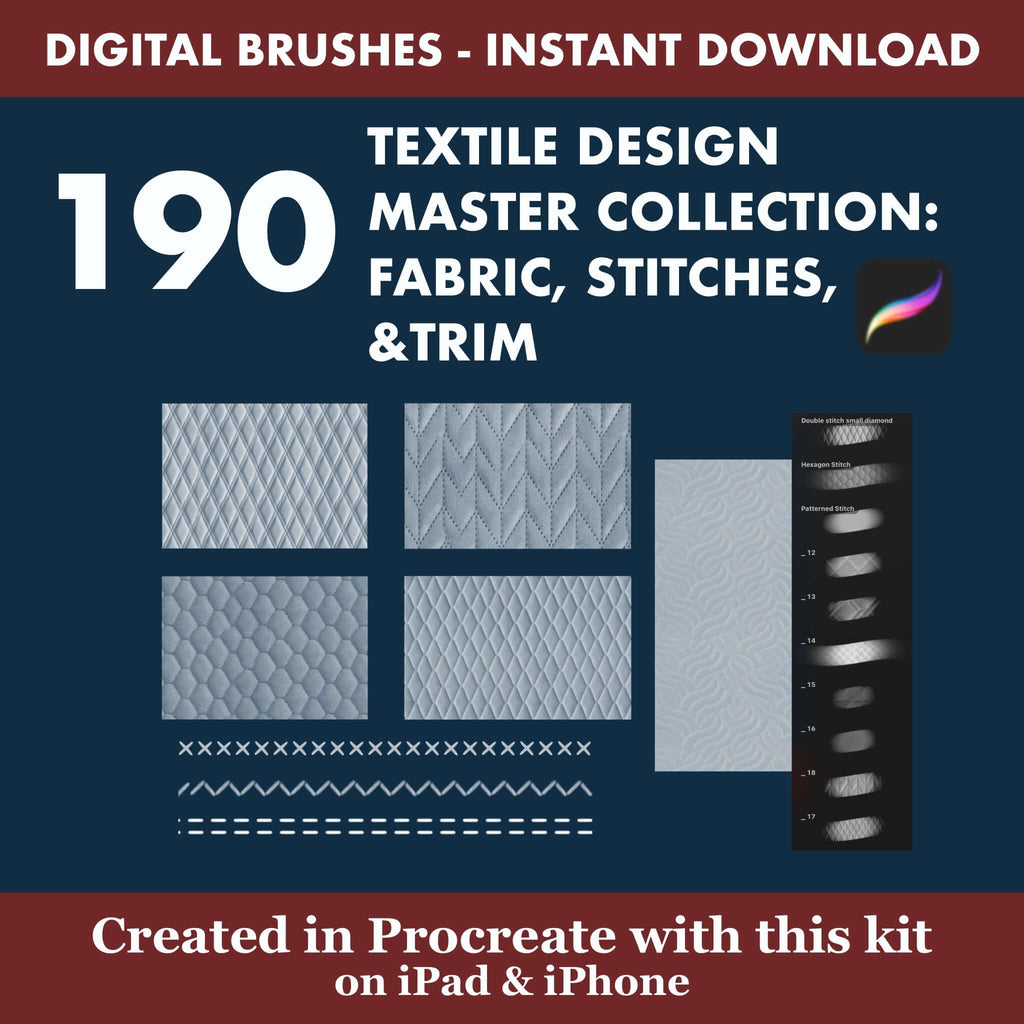 190 Procreate Textile Design | Quilting Stitches & Trimmings - Procreate Brush Shop by Sviatlana Fedzianiova