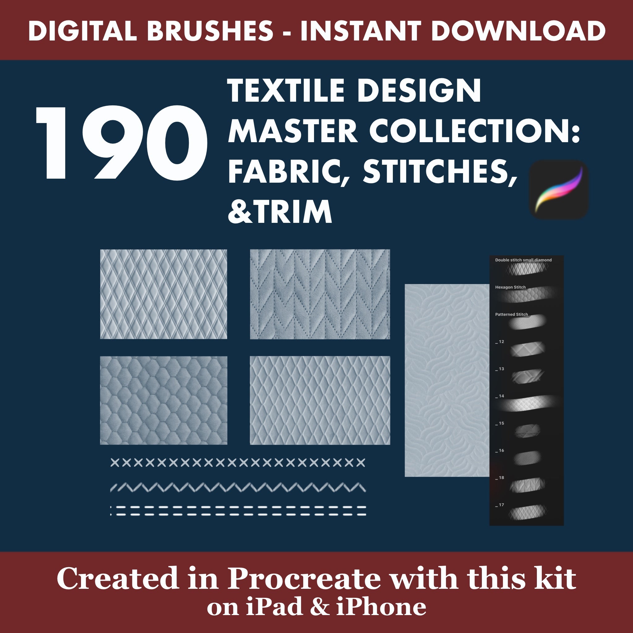 190 Procreate Textile Design Master | Fabric Textures, Quilting Stitches & Trimmings