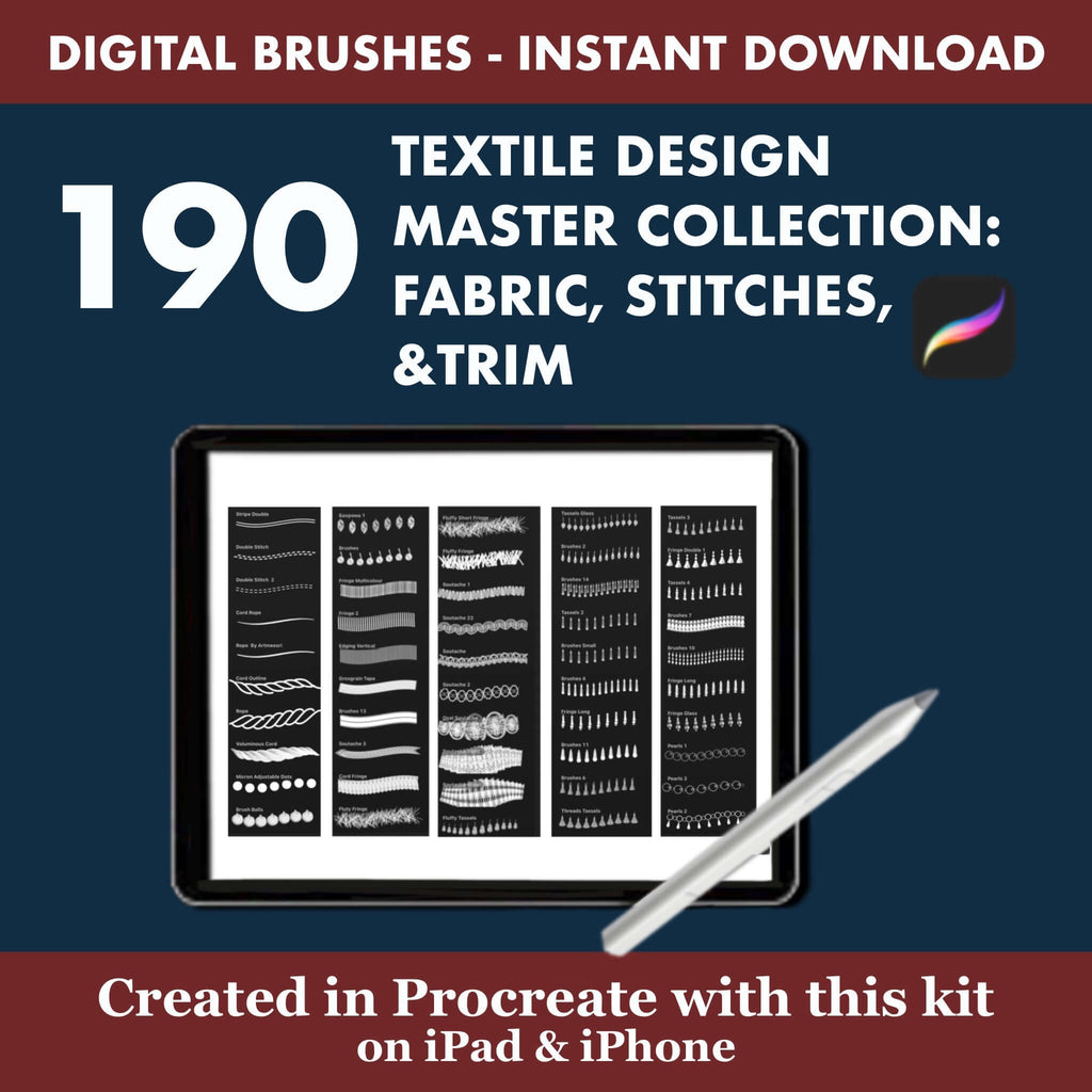190 Procreate Textile Design | Quilting Stitches & Trimmings - Procreate Brush Shop by Sviatlana Fedzianiova