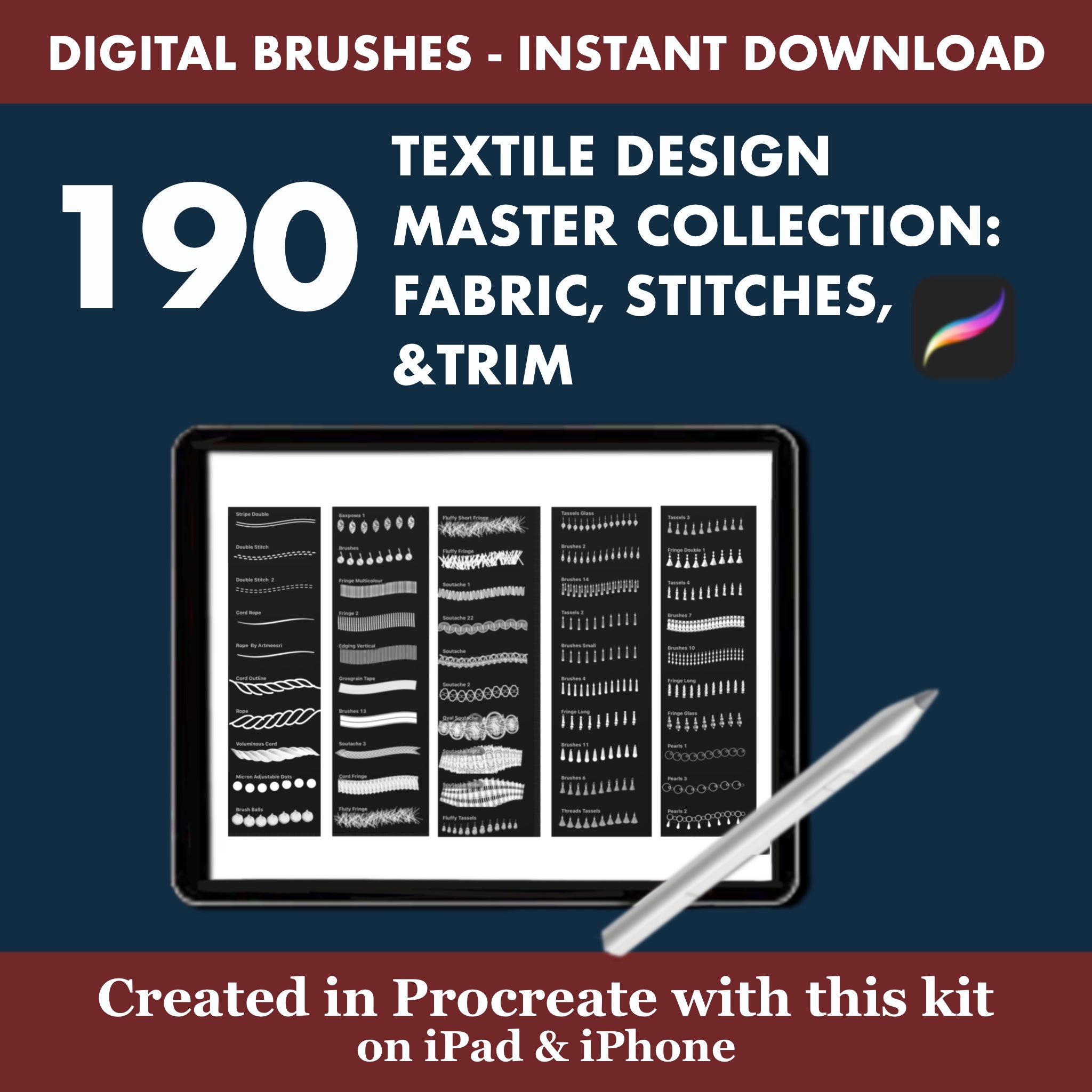 This comprehensive mega-set of 190 high-quality Procreate Brushes is the definitive toolkit for textile designers, interior professionals, and fashion illustrators