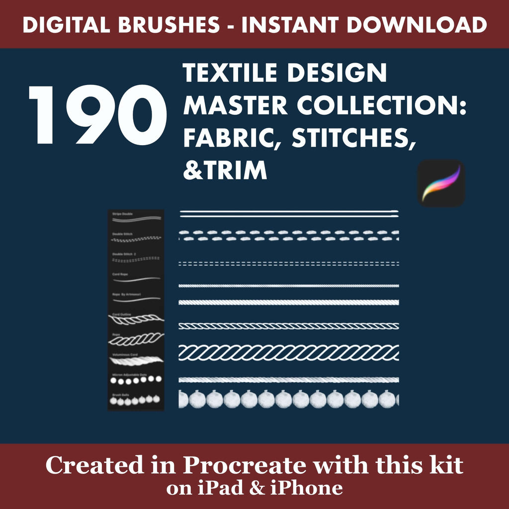 190 Procreate Textile Design | Quilting Stitches & Trimmings - Procreate Brush Shop by Sviatlana Fedzianiova