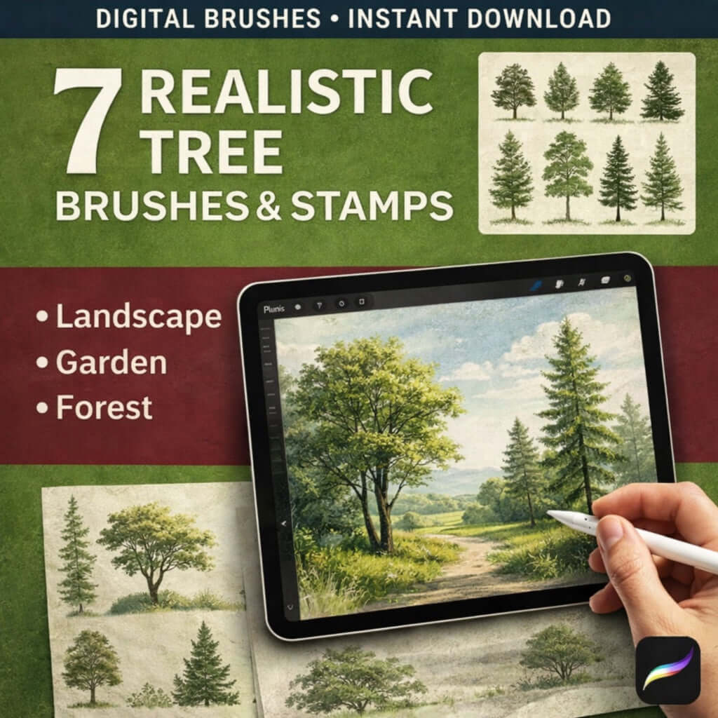 7 REALISTIC TREE BRUSHES & STAMPS FOR PROCREATE - Procreate Brush Shop by Sviatlana Fedzianiova