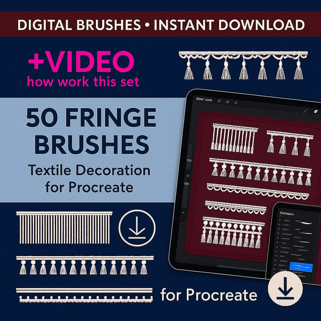 50 Procreate Trimmings Brushes | Fringe Tassel & Decorative Trim for Curtains - Procreate Brush Shop by Sviatlana Fedzianiova